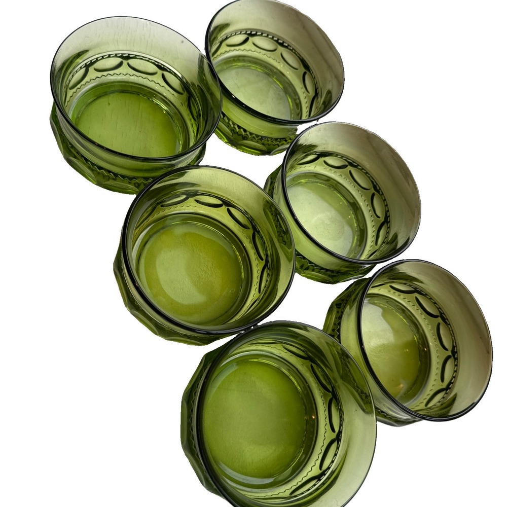 Indiana Glass Avocado Green Kings Thumbprint Dessert Bowls Set of 6